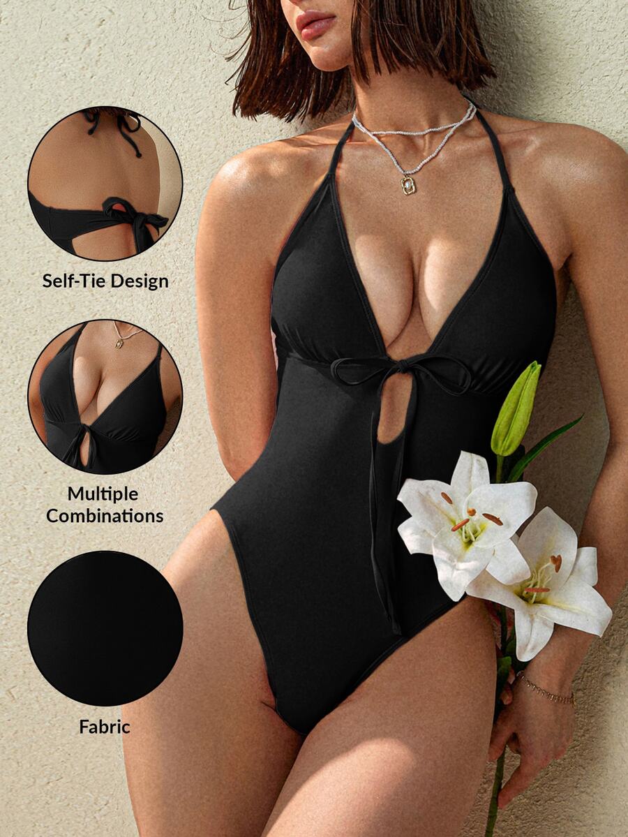 Swim Basics 女士简约时尚黑色假日可爱蝴蝶结褶皱三角杯连体泳衣,海滩度假 - 黑色 - 查看 1