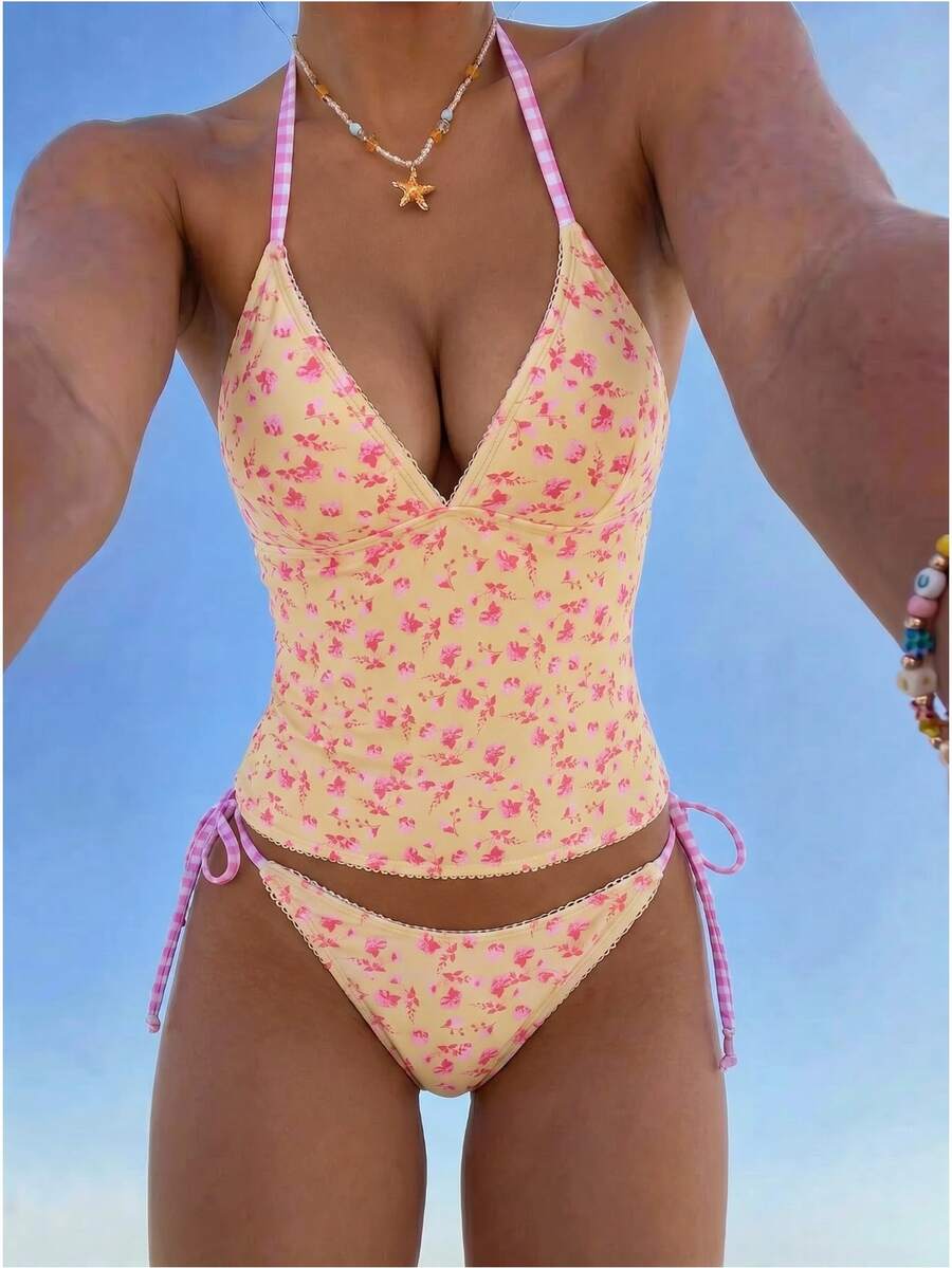 Swim Mod Conjunto de bikini a cuadros de cereza dulce - Rosa Pálido - Ver 1