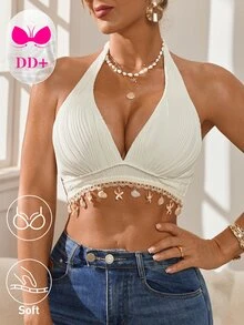 Swim DD+ 女士纯色挂脖系带比基尼上衣，夏季沙滩时尚挂脖比基尼上衣，女士露脐泳装上衣，性感夏季上衣 - 米色 - 查看 1
