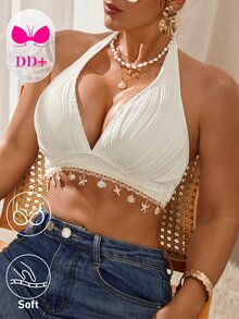 Swim DD+ 女士纯色挂脖系带比基尼上衣，夏季沙滩时尚挂脖比基尼上衣，女士露脐泳装上衣，性感夏季上衣 - 米色 - 查看 3