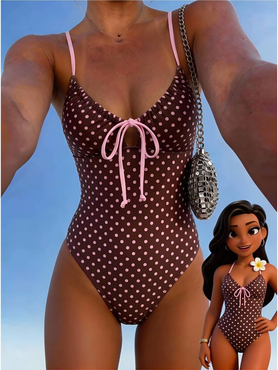 Swim Mod 女款細肩帶粉色與棕色波點蝴蝶結裝飾連身泳衣，時尚夏季泳裝游泳度假海灘假期 1970 年代復古可愛 - 彩色 - 查看 1
