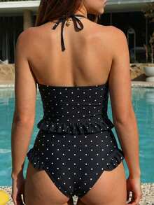 Bellisia Women's Polka Dot Print Ruffled Hem Halter Tankini Swimwear Set, Suitable For Beach & Holiday - Black and White - View 2