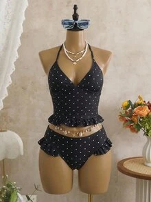 Bellisia Women's Polka Dot Print Ruffled Hem Halter Tankini Swimwear Set, Suitable For Beach & Holiday - Black and White - View 4
