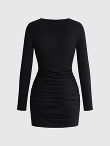 Batman X ROMWE IP Collaboration Black Knitted Bodycon Long Sleeve Metallic Foil Print Women's Mini Dress - Black - View 2