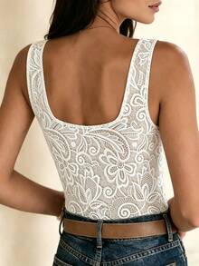 EMERY ROSE Women's Summer Sexy Vacation Style Water-Soluble Lace Deep V-Neck Tank Top - White - View 2