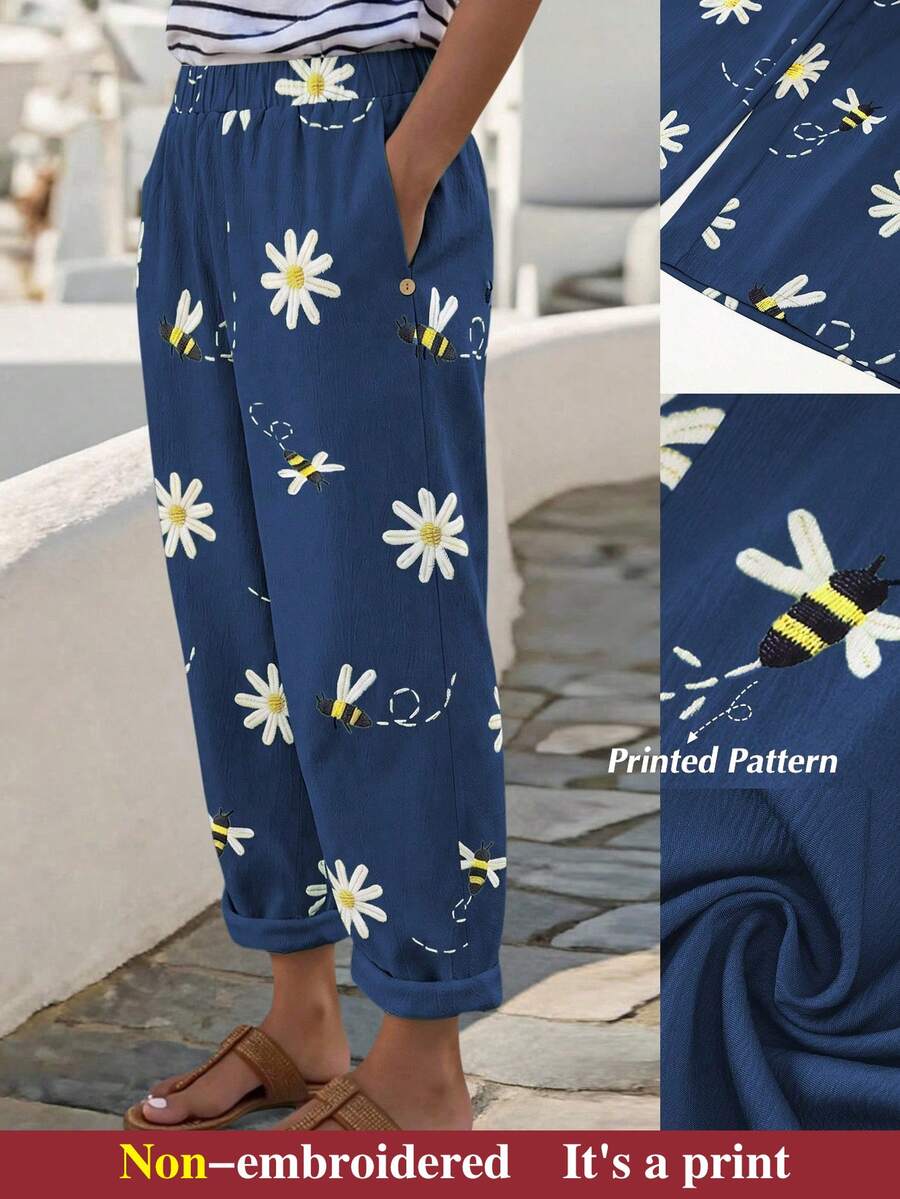 SHEIN 大尺碼女款彈性腰花卉與蜜蜂刺繡圖案休閒百搭日常穿著長褲 - 藏蓝色 - 查看 1