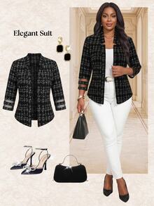Fleurora Plus Size Women's Business Versatile Mesh Patchwork Elegant Blazer , Work For Women Autumn For Women , Work Wear Women - Black - View 6
