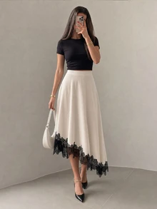 NOVVYNE 女款中長裙，優雅法式高腰飄逸A字裙，對比蕾絲下擺，適合休閒、辦公、晚餐、正式場合與外出，秋季白色與黑色 - 杏色 - 查看 1
