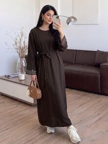 Al Najma Women's Round Neck Waist Knot Casual Party Arabian Dress - Brown - View 5