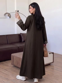 Al Najma Women's Round Neck Waist Knot Casual Party Arabian Dress - Brown - View 2