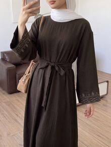 Al Najma Women's Round Neck Waist Knot Casual Party Arabian Dress - Brown - View 3