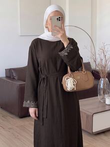 Al Najma Women's Round Neck Waist Knot Casual Party Arabian Dress - Brown - View 4