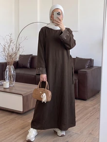 Al Najma Women's Round Neck Waist Knot Casual Party Arabian Dress - Brown - View 6