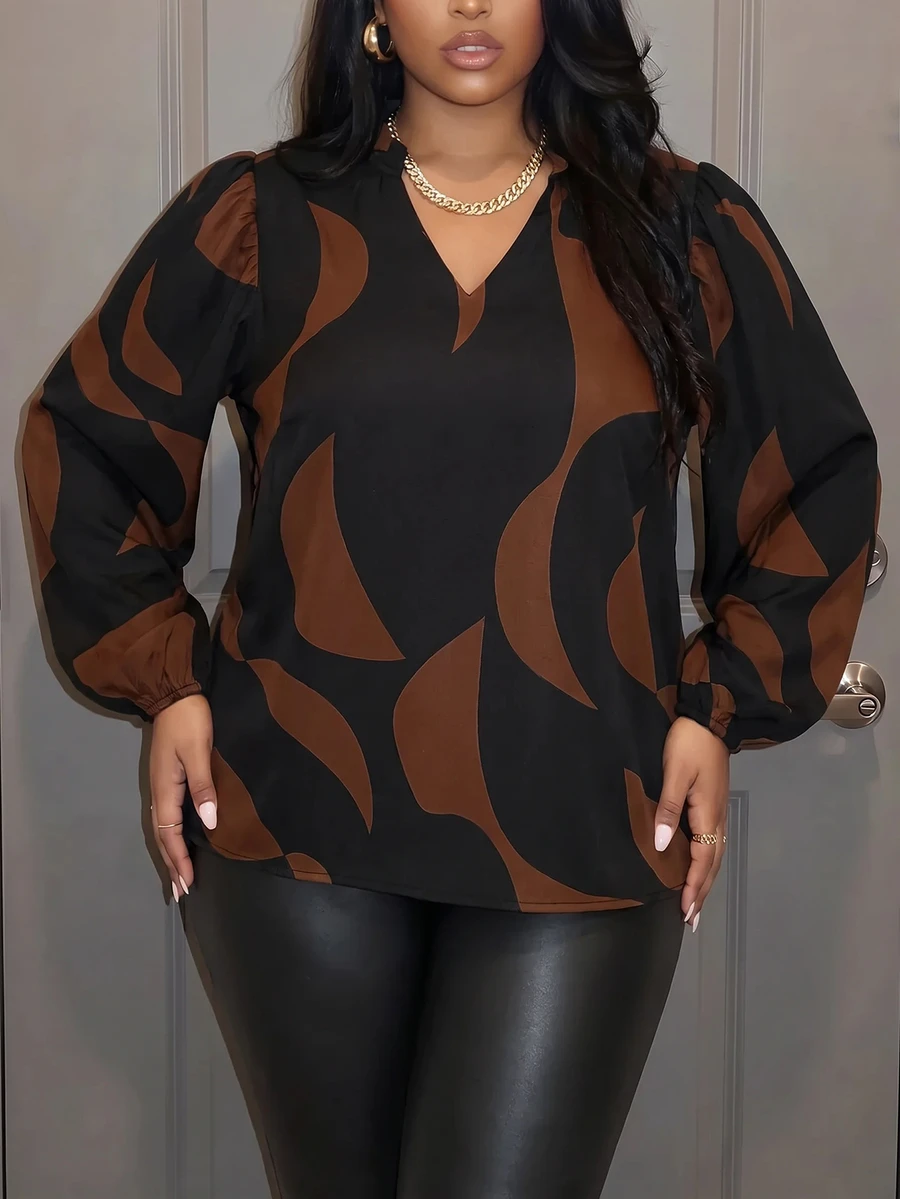 Slaydiva Plus Size Casual Commuter V-Neck Long Sleeve Loose Printed Shirt, Autumn Fall - Chocolate Brown - View 1