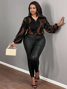 Slaydiva Plus Size Casual Commuter V-Neck Long Sleeve Loose Printed Shirt, Autumn Fall - Chocolate Brown - View 5