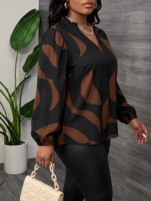 Slaydiva Plus Size Casual Commuter V-Neck Long Sleeve Loose Printed Shirt, Autumn Fall - Chocolate Brown - View 2