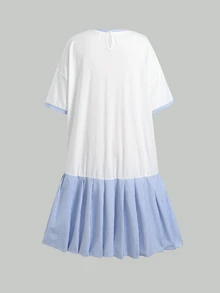 SHEIN 青少年女孩肖像印花學院風拼接洋裝，返校季 - 藍色 - 查看 2