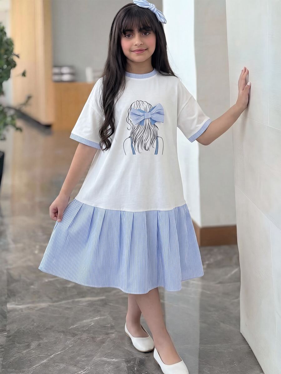 SHEIN 青少年女孩肖像印花學院風拼接洋裝,返校季 - 藍色 - 查看 1