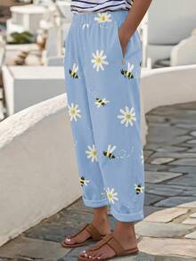 SHEIN Plus Size Women's Elastic Waist Floral Bee Embroidered Pattern Casual Traditional Versatile Daily Wear Long Pants Formal Vacation Light Blue Autumn - Blue - View 6