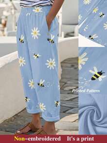SHEIN Plus Size Women's Elastic Waist Floral Bee Embroidered Pattern Casual Traditional Versatile Daily Wear Long Pants Formal Vacation Light Blue Autumn - Blue - View 1