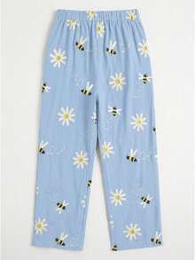 SHEIN Plus Size Women's Elastic Waist Floral Bee Embroidered Pattern Casual Traditional Versatile Daily Wear Long Pants Formal Vacation Light Blue Autumn - Blue - View 2