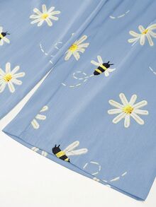 SHEIN Plus Size Women's Elastic Waist Floral Bee Embroidered Pattern Casual Traditional Versatile Daily Wear Long Pants Formal Vacation Light Blue Autumn - Blue - View 5