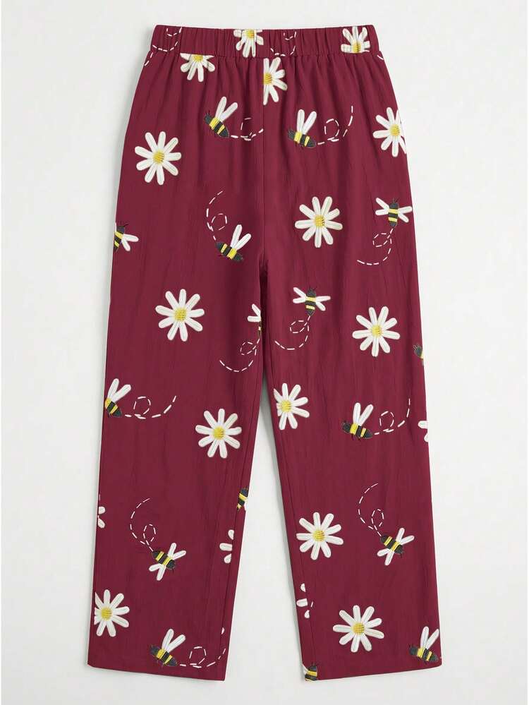 SHEIN Plus Size Women's Minimalist Casual Versatile Bee & Daisy Print Long Pants Fall - Burgundy - View 2