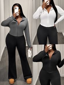 Slaydiva Omen's Simple Casual Autumn/Winter V-Neck Zipper Tight Long Sleeve T-Shirts, White+Black+Grey Fall - Multicolor - View 3