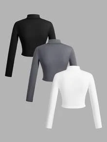 Slaydiva Omen's Simple Casual Autumn/Winter V-Neck Zipper Tight Long Sleeve T-Shirts, White+Black+Grey Fall - Multicolor - View 4