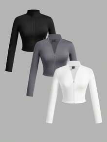 Slaydiva Omen's Simple Casual Autumn/Winter V-Neck Zipper Tight Long Sleeve T-Shirts, White+Black+Grey Fall - Multicolor - View 5