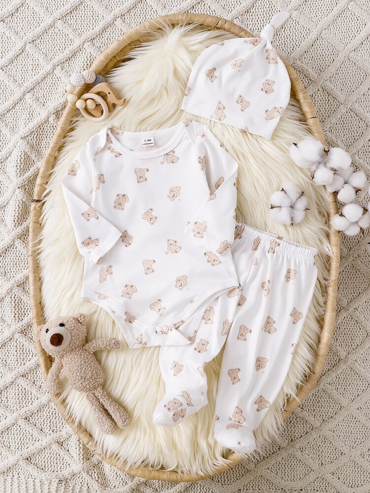 3 Pieces Newborn Long Sleeve Footed Romper - White - View 2