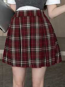 DAZY Plaid Short Pleated Skirt,Fall Clothes Christmas Winter Women Skirts - Red - View 7