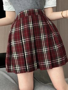 DAZY Plaid Short Pleated Skirt,Fall Clothes Christmas Winter Women Skirts - Red - View 3