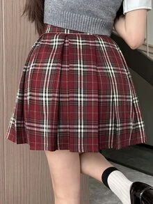 DAZY Plaid Short Pleated Skirt,Fall Clothes Christmas Winter Women Skirts - Red - View 6