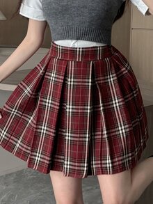 DAZY Plaid Short Pleated Skirt,Fall Clothes Christmas Winter Women Skirts - Red - View 2