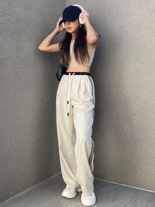 Dazy Star Drawstring Waist Slant Pocket Pants,Women Joggers - Apricot - View 3