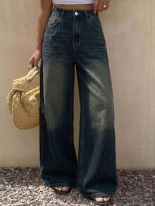 DAZY Women's Loose Straight Leg Jeans, Casual Streetwear Denim Pants - Dark Wash - View 8