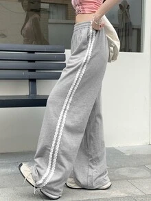 DAZY بنطال نسائي واسع الساق برباط سحب وشريط منسوج، طويل، بنطال رياضي نسائي للخريف، قمصان علوية لطيفة - رمادي - مشاهدة 5