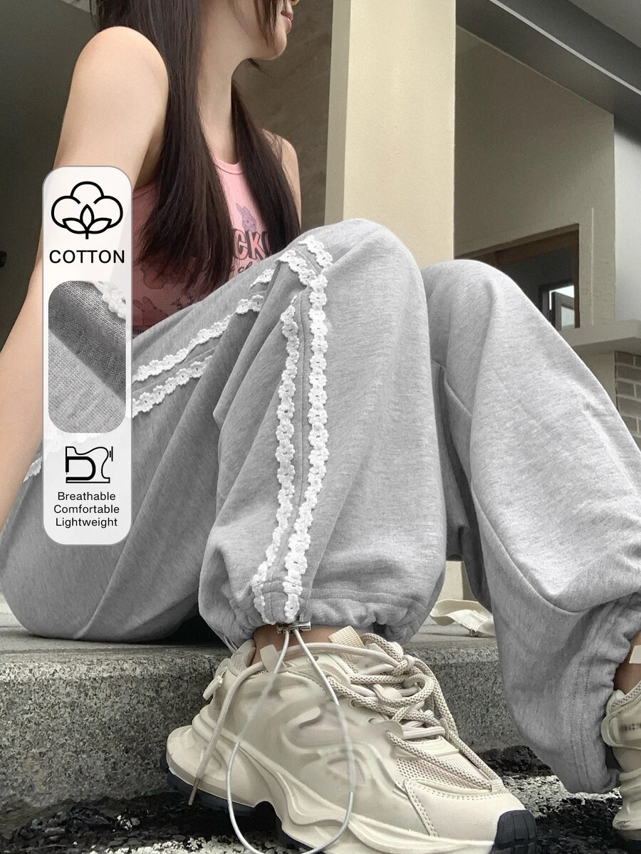DAZY بنطال نسائي واسع الساق برباط سحب وشريط منسوج، طويل، بنطال رياضي نسائي للخريف، قمصان علوية لطيفة - رمادي - مشاهدة 1