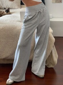 Livesso 1pc Women's Loose Solid Color Drawstring Waist Baggy Wide Leg Sweatpants Fall Women Joggers - Grey - View 5