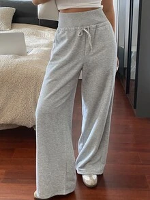 Livesso 1pc Women's Loose Solid Color Drawstring Waist Baggy Wide Leg Sweatpants Fall Women Joggers - Grey - View 1