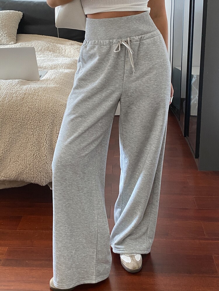 Livesso 1pc Women's Loose Solid Color Drawstring Waist Baggy Wide Leg Sweatpants Fall Women Joggers - Grey - View 1