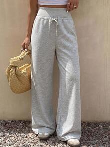Livesso 1pc Women's Loose Solid Color Drawstring Waist Baggy Wide Leg Sweatpants Fall Women Joggers - Grey - View 10