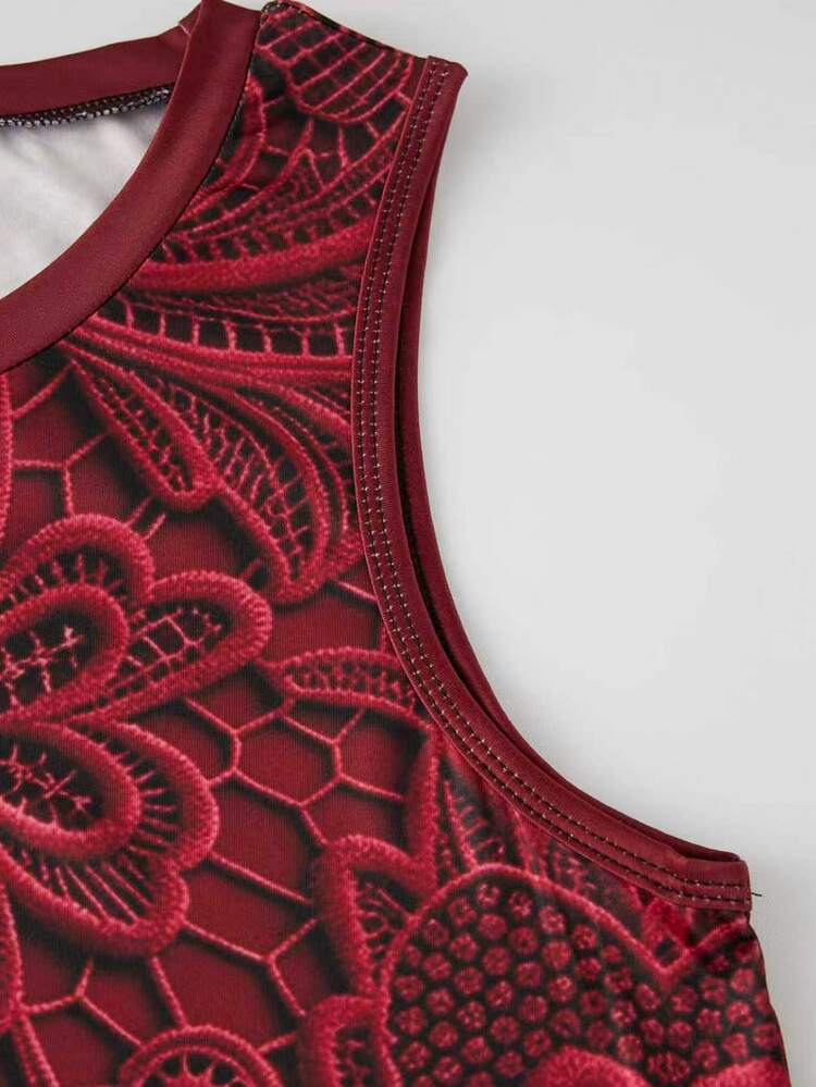 GlowEve CURVE Tank Top Kasual Ukuran Besar dengan Motif Bunga Renda Artistik - MultiWarna - View 4
