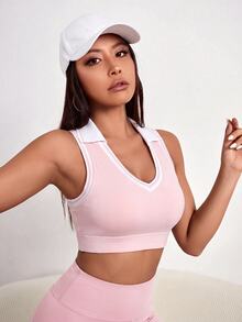Sovereign Charm Sovereign Charm 1pc Pink & White Collared Sports Bra, Contrast Trim, Seamed Slim Fit, Tennis Workout Summer Women - Baby Pink - View 3