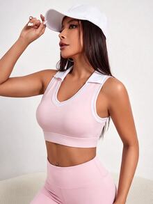 Sovereign Charm Sovereign Charm 1pc Pink & White Collared Sports Bra, Contrast Trim, Seamed Slim Fit, Tennis Workout Summer Women - Baby Pink - View 4