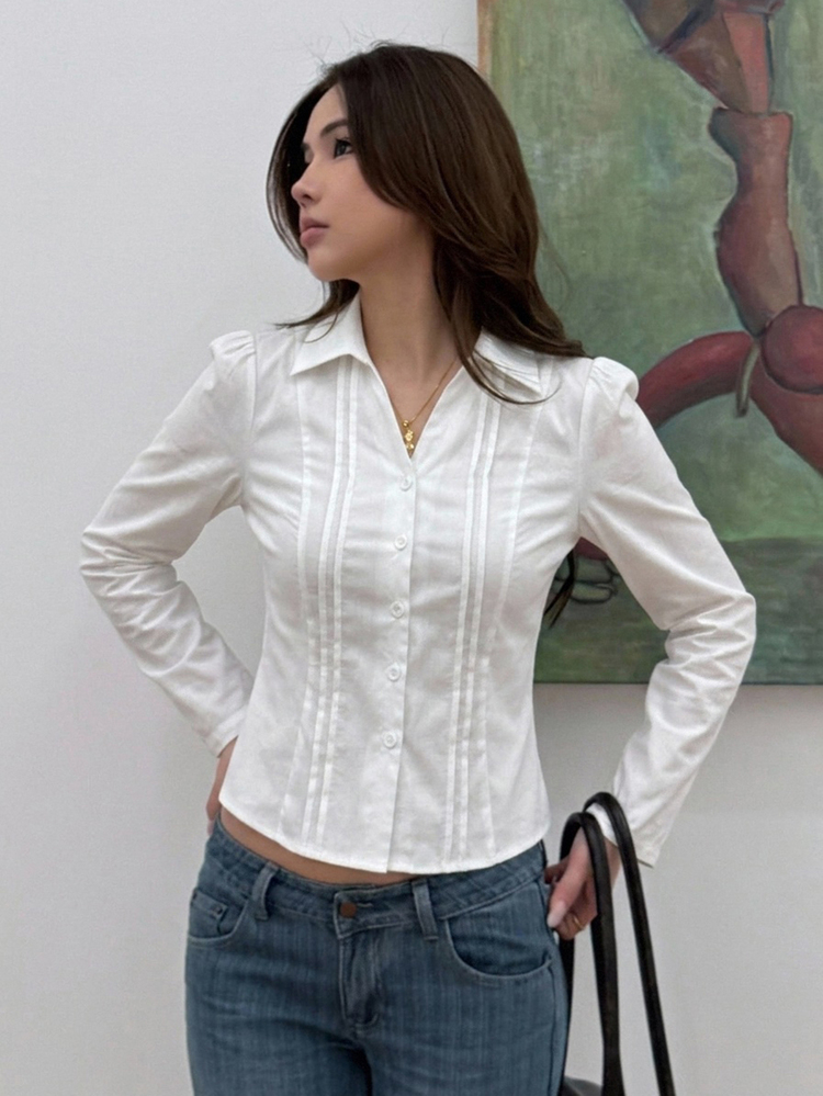 DAZY Solid Color Lapel Slim Fit Short Sleeve White Women's Shirt - White - View 3