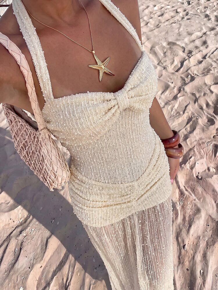 sequin knotted halter dress Glamine Cream White Hollow Neck Twist Knot Bow Split Long Dress, Women's Birthday Party, Summer Date, Beach Vacation, Music Festival Rave, Small Banquet Outfit fringe gold tassel dress