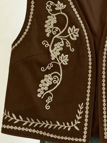 Franclia Jaket Kasual Serbaguna Wanita untuk Pemakaian Sehari-hari dengan Motif Bordir Tanaman - Coklat - View 4