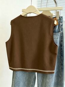 Franclia Jaket Kasual Serbaguna Wanita untuk Pemakaian Sehari-hari dengan Motif Bordir Tanaman - Coklat - View 2